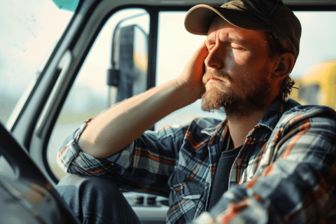 A man in a plaid shirt and cap sits in a vehicle, leaning his head on his hand with his eyes closed, showing signs of truck driver fatigue.