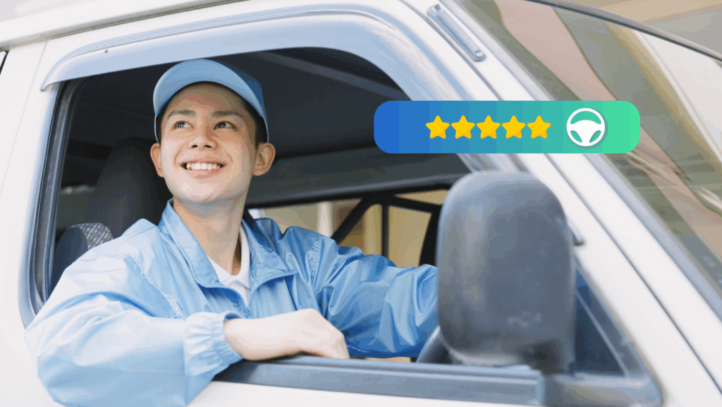 A delivery driver in a blue uniform smiles while sitting in a vehicle. A driver incentive program is highlighted by a five-star rating and steering wheel icon graphic overlay.