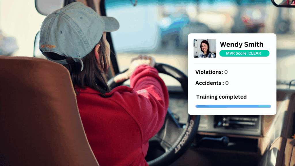 Person in a red jacket and blue cap driving a vehicle, with an on-screen display highlighting a spotless record and successful driver incentive program participation.