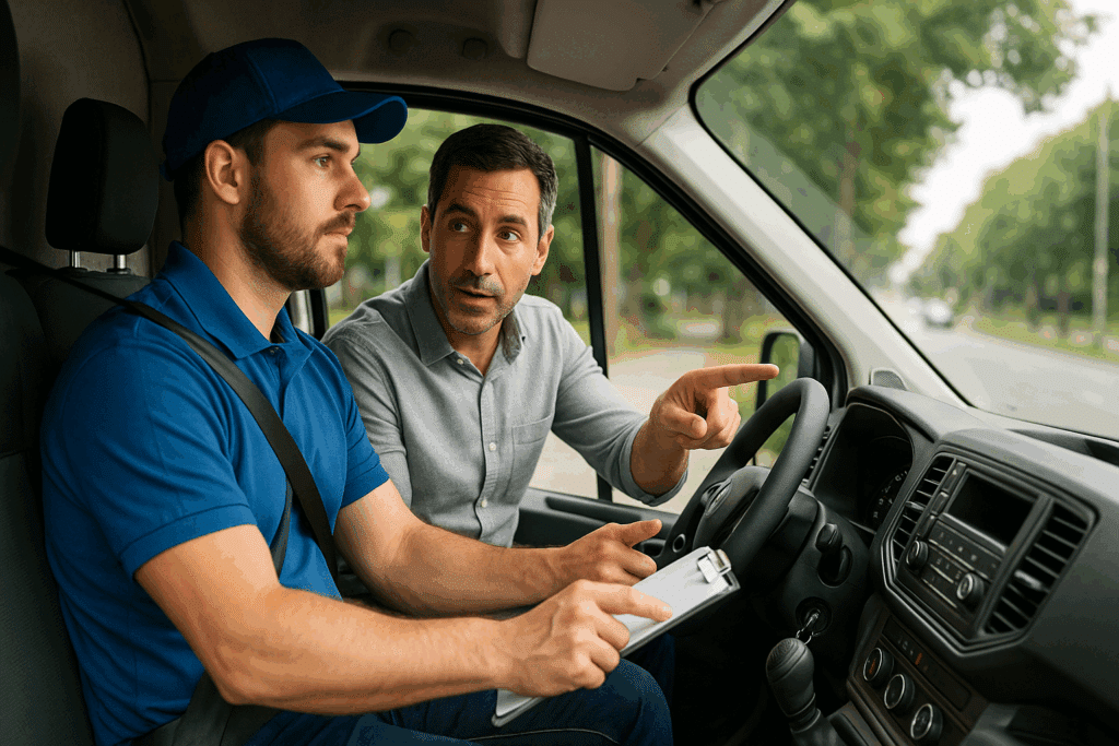 Two men sit in a vehicle; one in a blue uniform holds a clipboard, while the other points toward the windshield, possibly engaged in driver coaching.