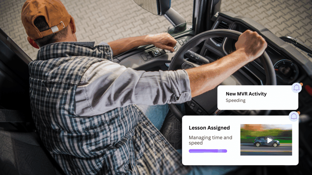 A man drives a vehicle while digital notifications about speeding and a driver coaching lesson on managing time and speed appear on the image.