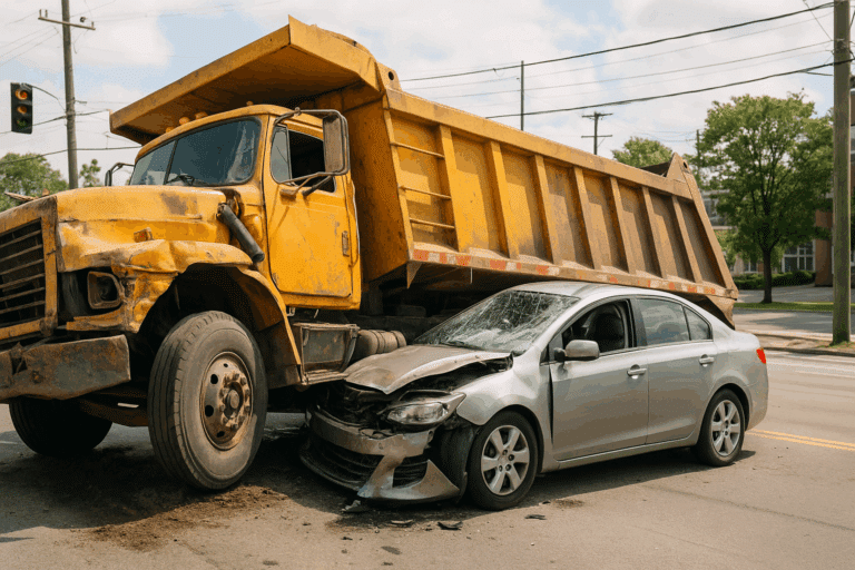 A yellow dump truck from a construction fleet management operation collides with a silver car, the car’s front end wedged under the truck’s side at the intersection.