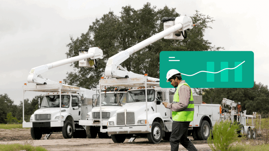 A worker in a safety vest and helmet uses a phone near utility trucks with elevated buckets; an overlaid graphic highlights a driver safety program with a line chart and data bars.