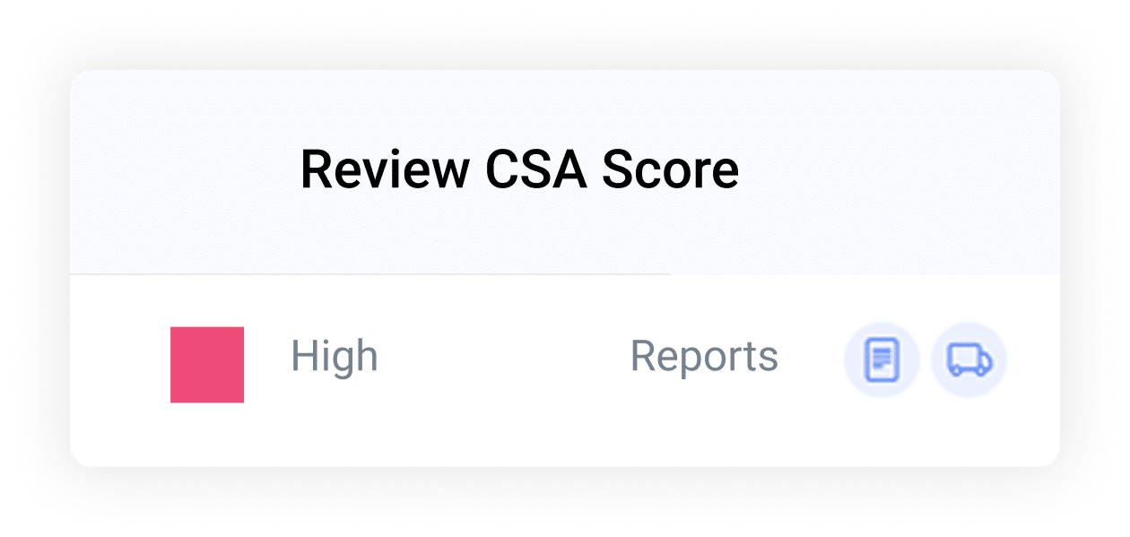 A dashboard screen displays csa monitoring with a Review CSA Score, a red square labeled High, and two icons labeled Reports.