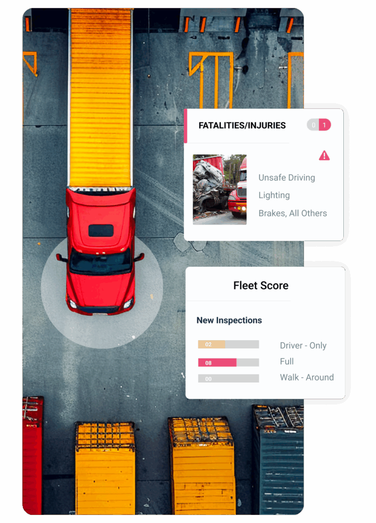 Overhead view of a red truck approaching a loading dock, with digital fleet safety and inspection scorecards overlaid on the image.