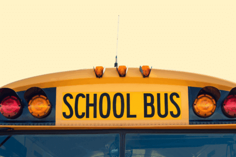 Close-up of the front top section of a yellow school bus from a school bus fleet, with the SCHOOL BUS sign and lights visible against a clear background.