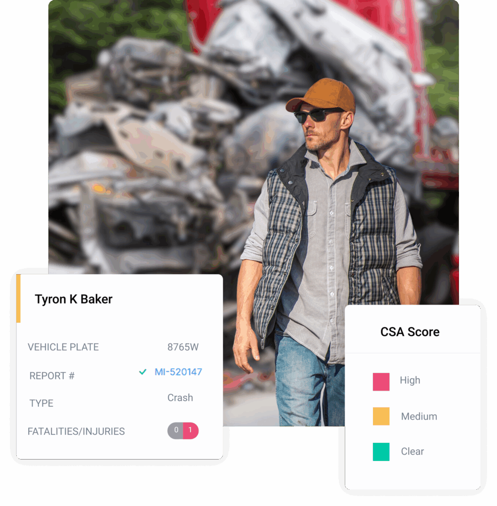 A man in casual clothing and sunglasses stands in front of a damaged vehicle. Overlay cards display accident details, a crash risk score, and CSA monitoring information.