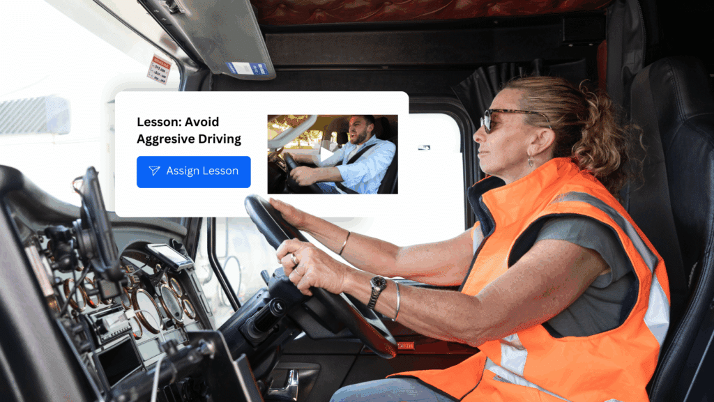 A woman in a safety vest drives a large truck. An overlay shows a Defensive Driver Training lesson titled Avoid Aggressive Driving with a button labeled Assign Lesson.