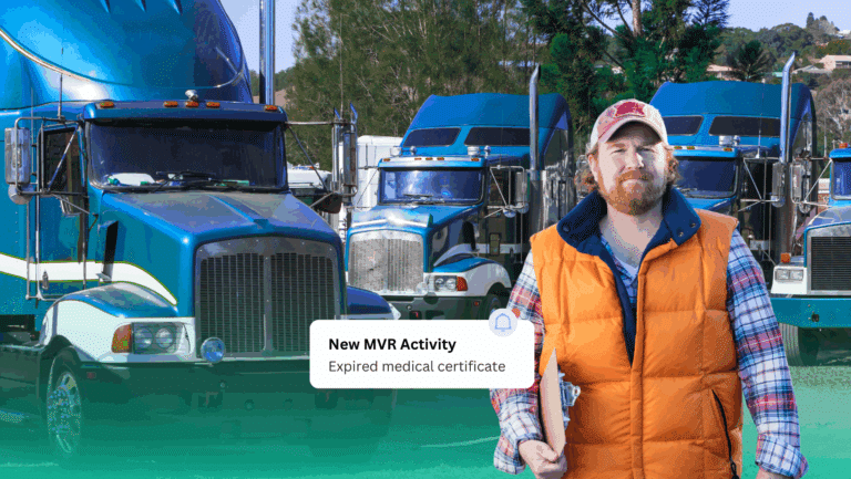 A man in a plaid shirt and orange vest stands by blue semi-trucks. An alert reads, New MVR Activity: Expired medical certificate—highlighted during a recent fleet audit.