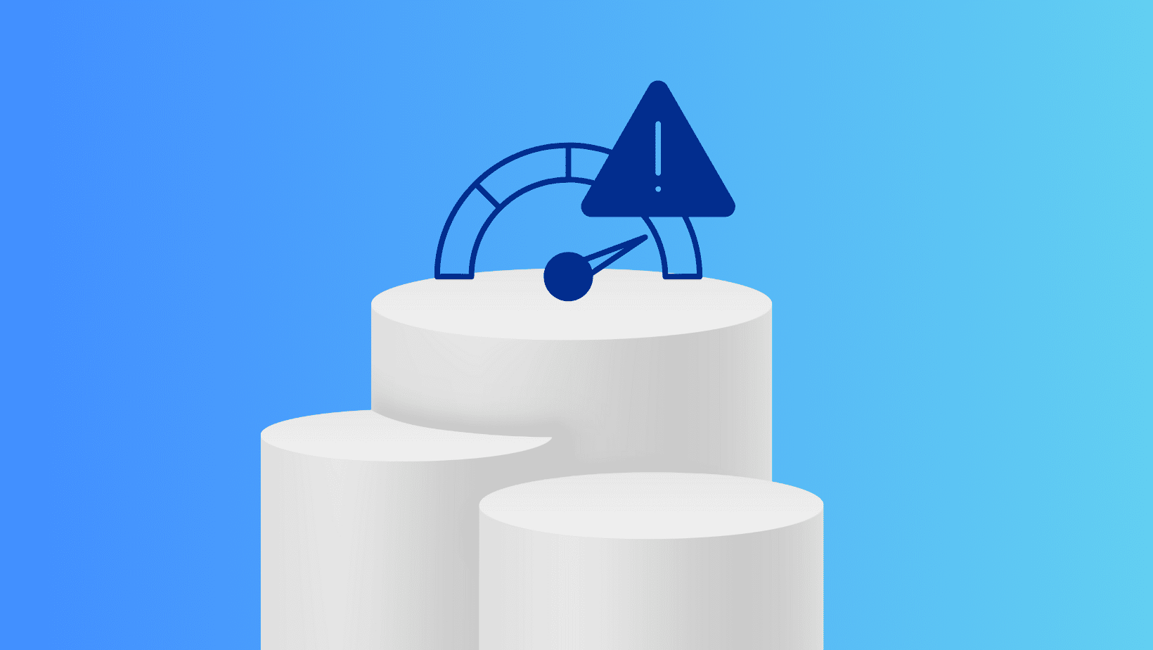 A graphic of three white cylindrical podiums with a blue speedometer icon showing a warning exclamation mark, highlighting fleet driver monitoring against a blue gradient background.