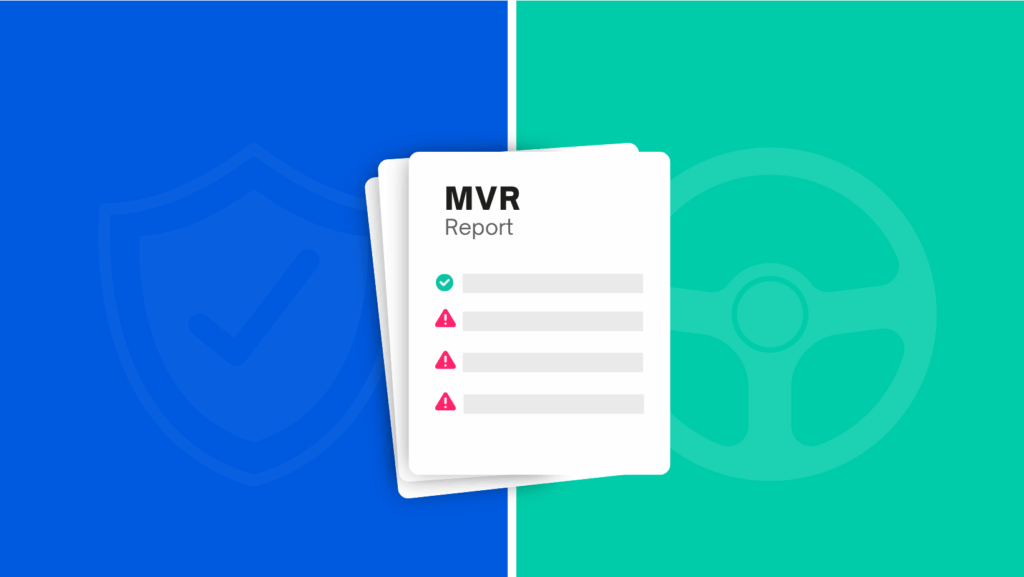 An illustration of a stack of Insurance MVRs with check and warning icons, set against a blue and teal split background with shield and steering wheel graphics.