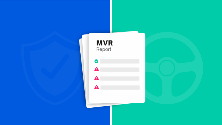 An illustration of a stack of Insurance MVRs with check and warning icons, set against a blue and teal split background with shield and steering wheel graphics.