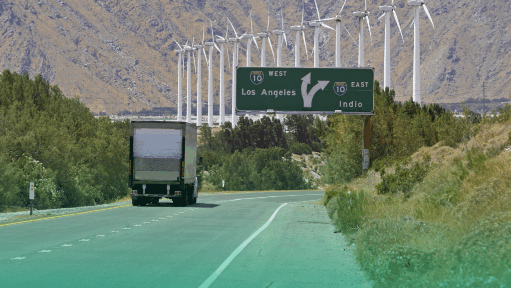 A truck drives on a highway beneath a road sign for I-10 West to Los Angeles and I-10 East to Indio, with California EPN wind turbines and mountains in the background.