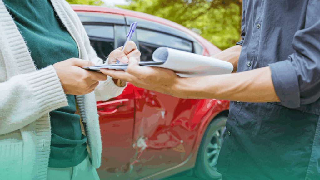 Two people exchange information and fill out documents by a red car with visible damage, likely handling a commercial auto insurance claim.