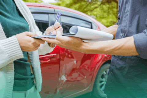 Two people exchange information and fill out documents by a red car with visible damage, likely handling a commercial auto insurance claim.