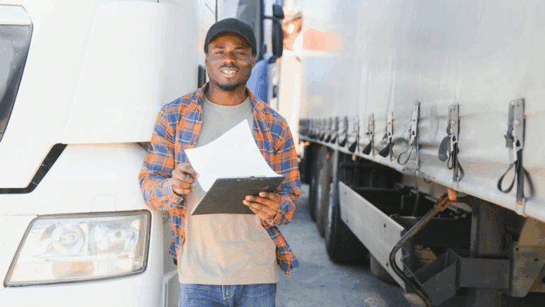 A person stands between two trucks, holding a clipboard with papers, and appears to be reviewing an FMCSA Compliance Checklist.