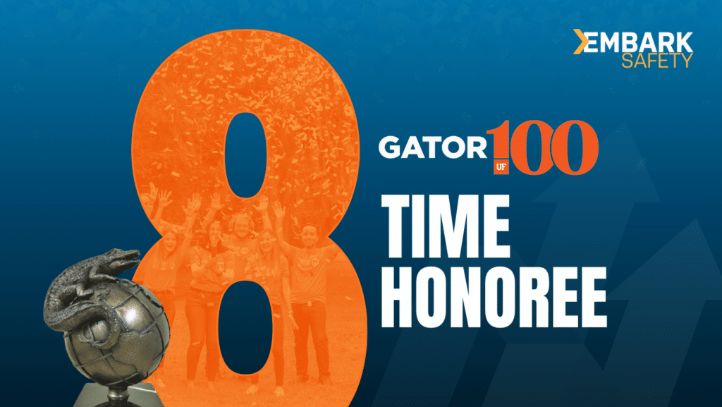 Large orange number 8 with text “Gator 100 Time Honoree,” an alligator trophy, and the Embark Safety logo on a blue background.