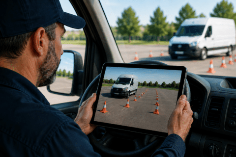 A man in a van holds a tablet displaying a live Fleet Training Lesson as a white van navigates orange traffic cones in an outdoor lot.