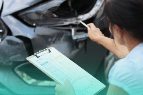 A person conducts proactive driver monitoring, inspecting damage on a car’s front end and documenting details with a clipboard after an apparent accident.