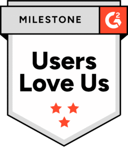 A badge with the G2 logo and the text Milestone Users Love Us above three red stars, celebrating customer stories.
