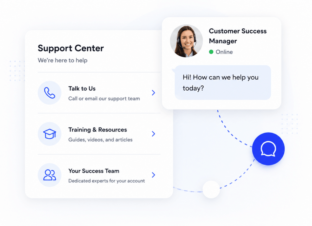 Support center interface showing contact options, a customer success manager profile with chat, and sections for talking to support, training resources, and team experts.