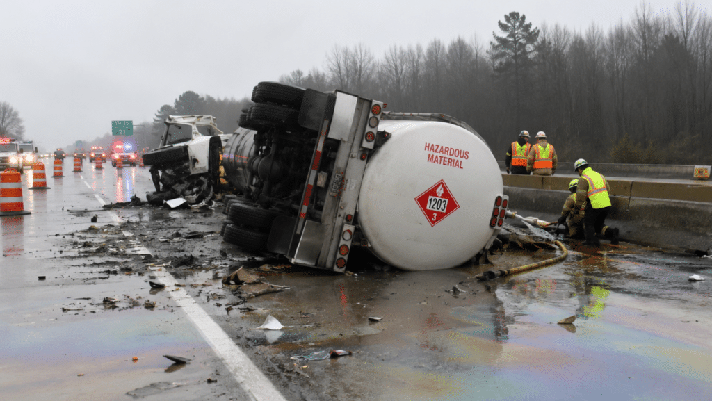 A tanker truck labeled Hazardous Material lies overturned on a wet highway. Emergency workers are present, with debris and spilled liquid visible on the road.
