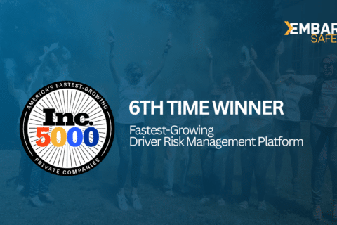 Group of people celebrating outdoors with color powder; Embark Safety logo; Inc. 5000 badge; text: 6th Time Winner—Fastest-Growing Driver Risk Management Platform..