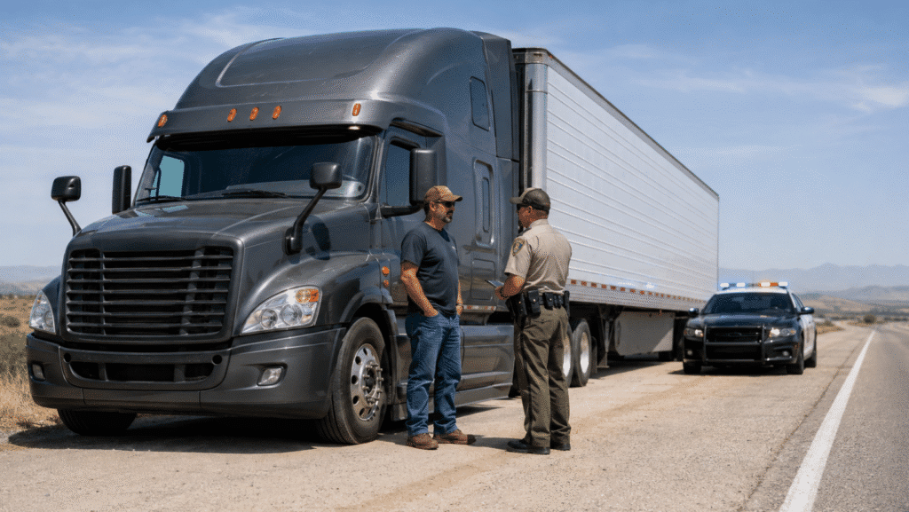 A police officer conducts a DOT Roadside Inspection, speaking with a truck driver beside a parked semi-truck as police lights flash behind them.