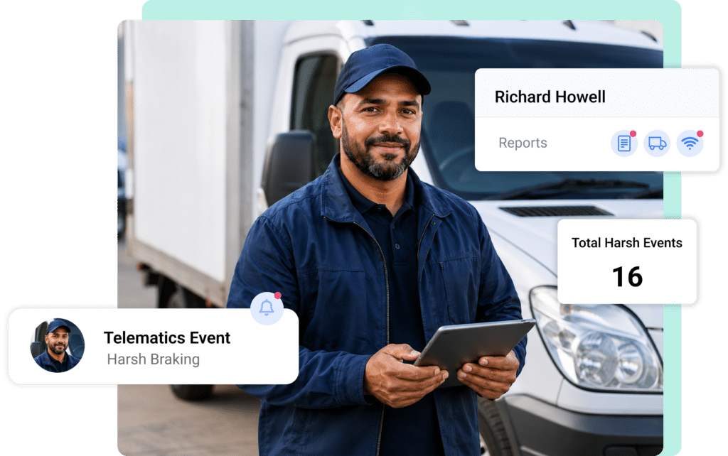 A man in a navy cap and jacket holds a tablet in front of a white van. Digital overlays display driving event data and the name Richard Howell.